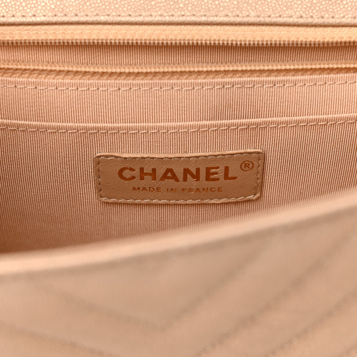Metallic Caviar Chevron Quilted Medium Statement Flap Beige
