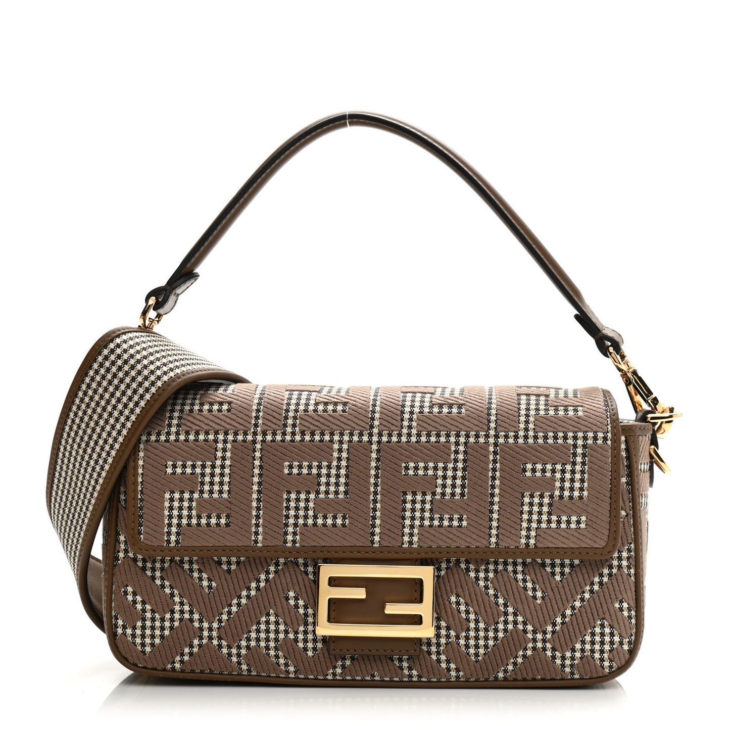Wool Vitello King Houndstooth FF Embroidered Baguette Beige Moro