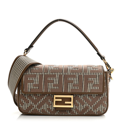 Fendi Wool Vitello King Houndstooth FF Embroidered Baguette Beige Moro 1 of 9