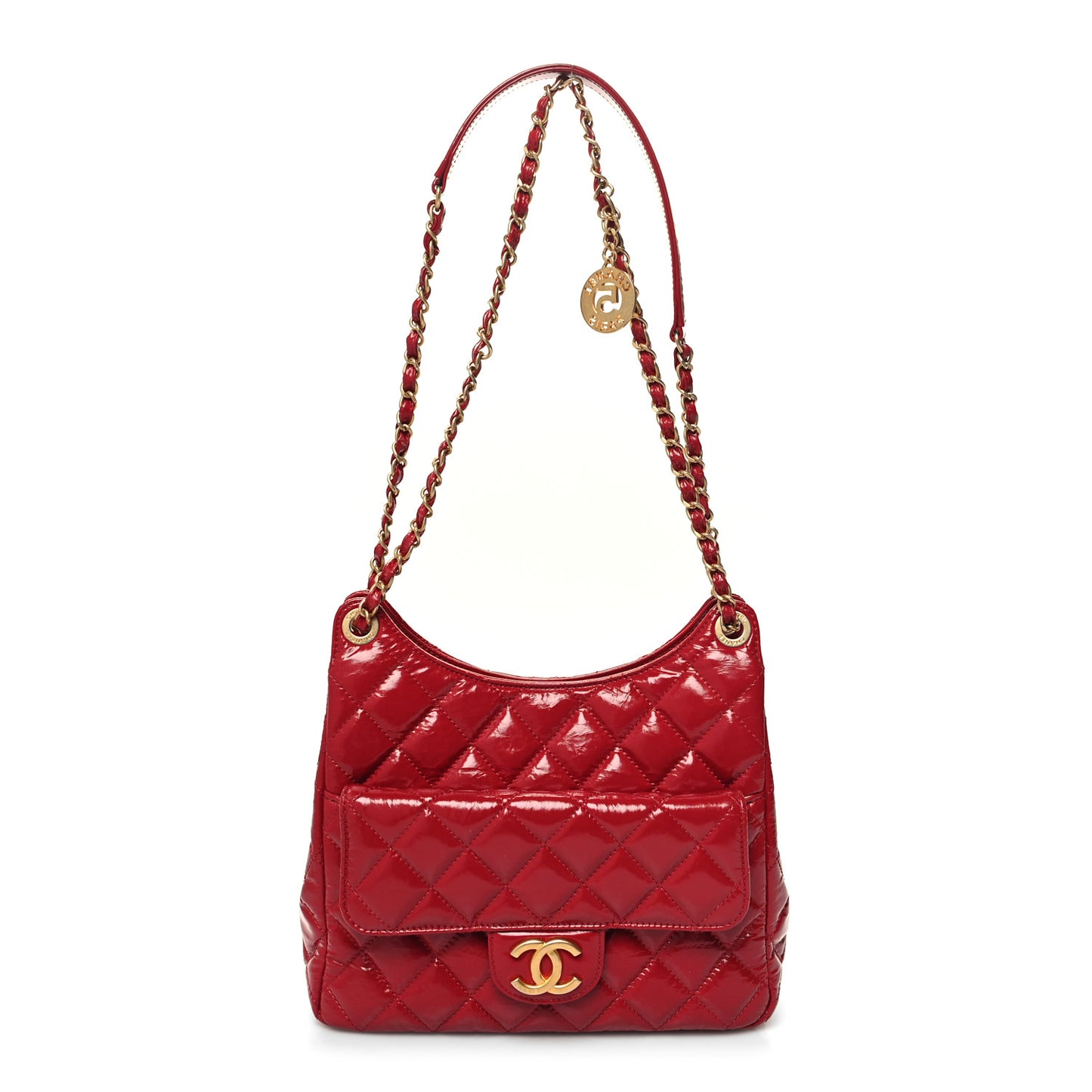 Shiny Crumpled Calfskin Quilted Wavy CC Hobo Red