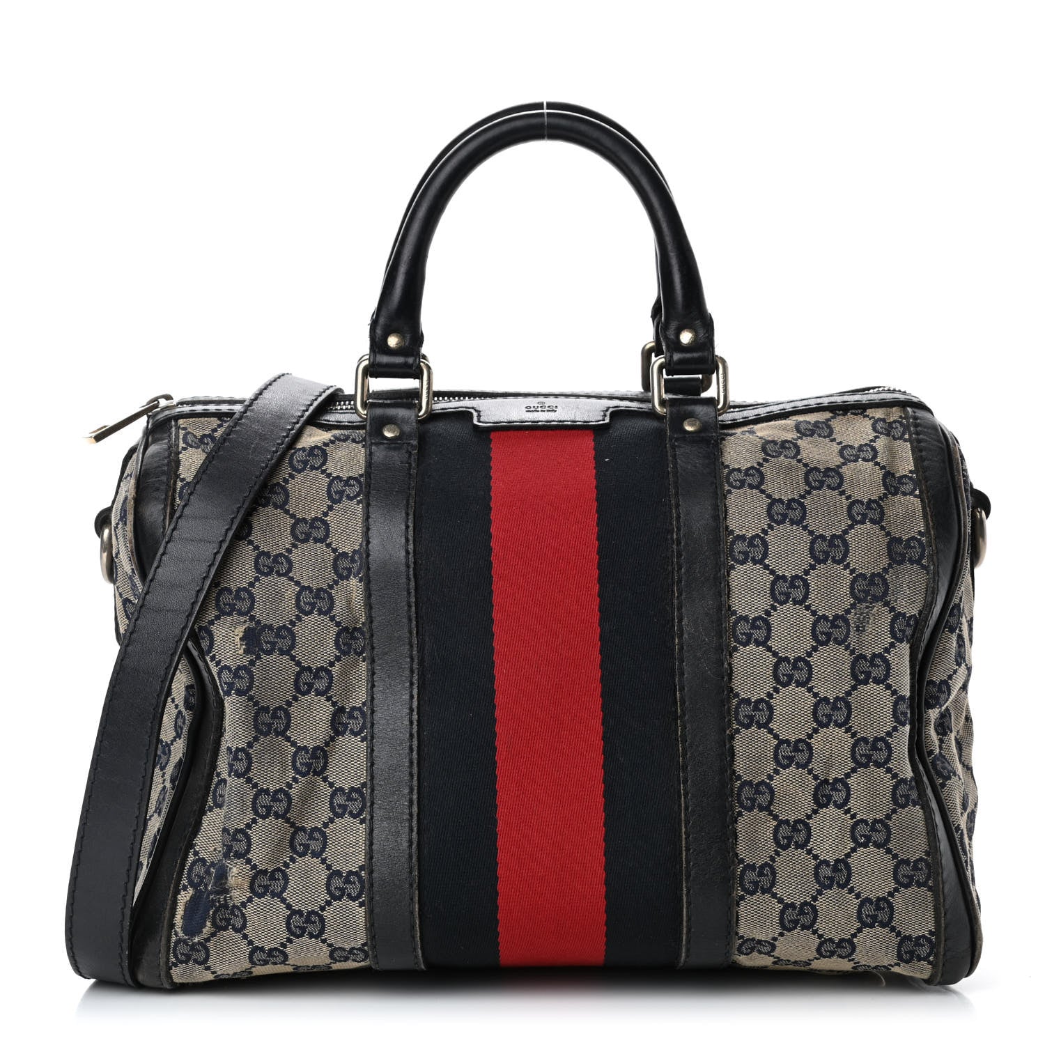 Gucci Monogram Selleria Calfskin Vintage Web Medium Boston Beige Blue 1 of 12