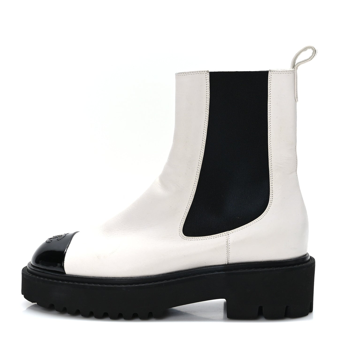 Patent Calfskin Cap Toe CC Ankle Boots 38.5 White Black