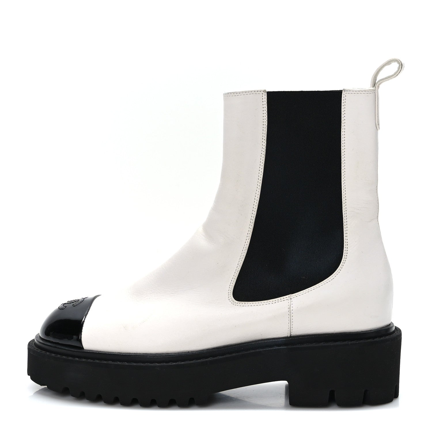 Chanel Patent Calfskin Cap Toe CC Ankle Boots 38.5 White Black 1 of 8