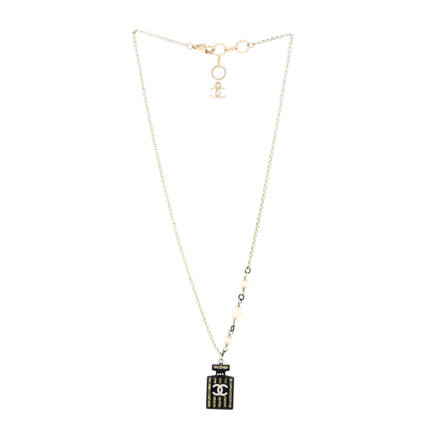 Resin Strass Perfume Bottle CC Necklace Black Gold
