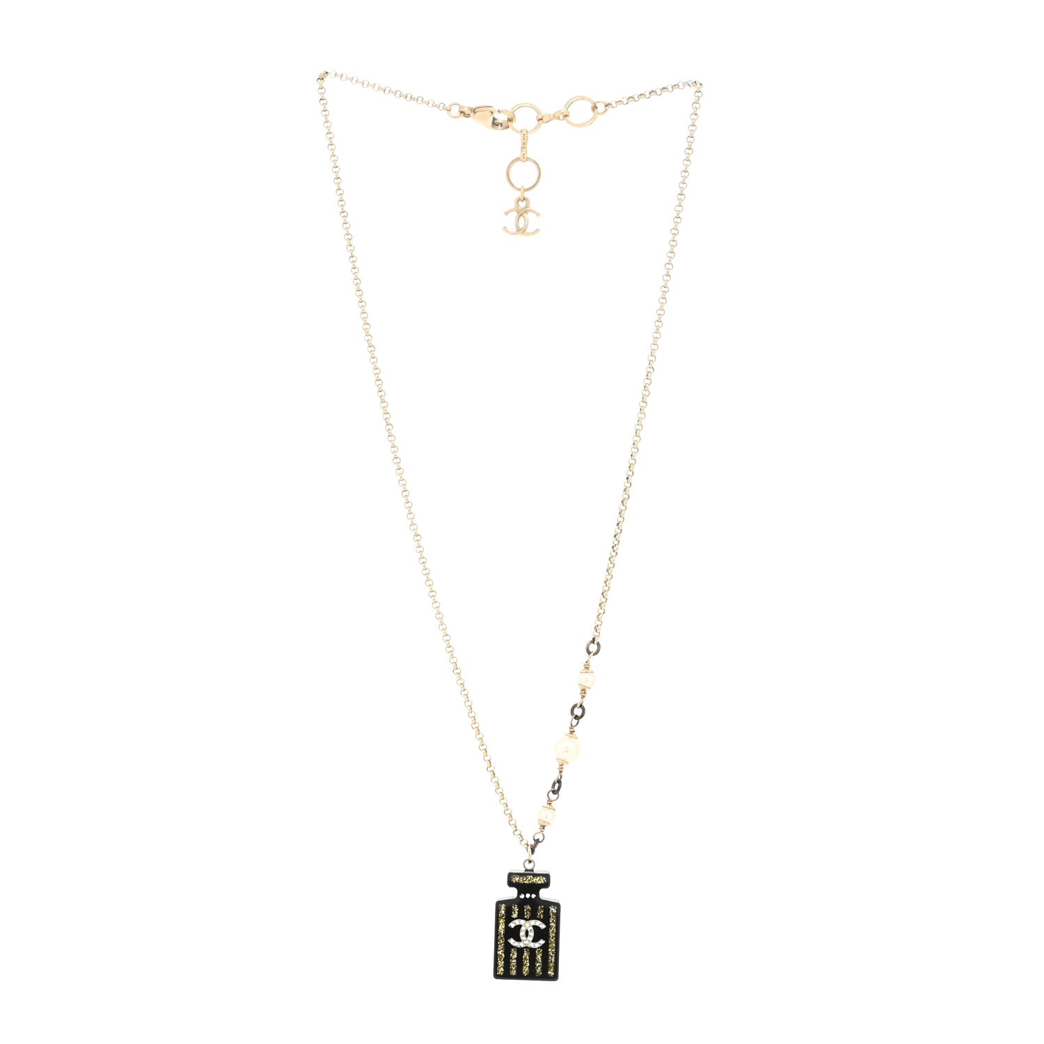 Chanel Resin Strass Perfume Bottle CC Necklace Black Gold 2 of 3
