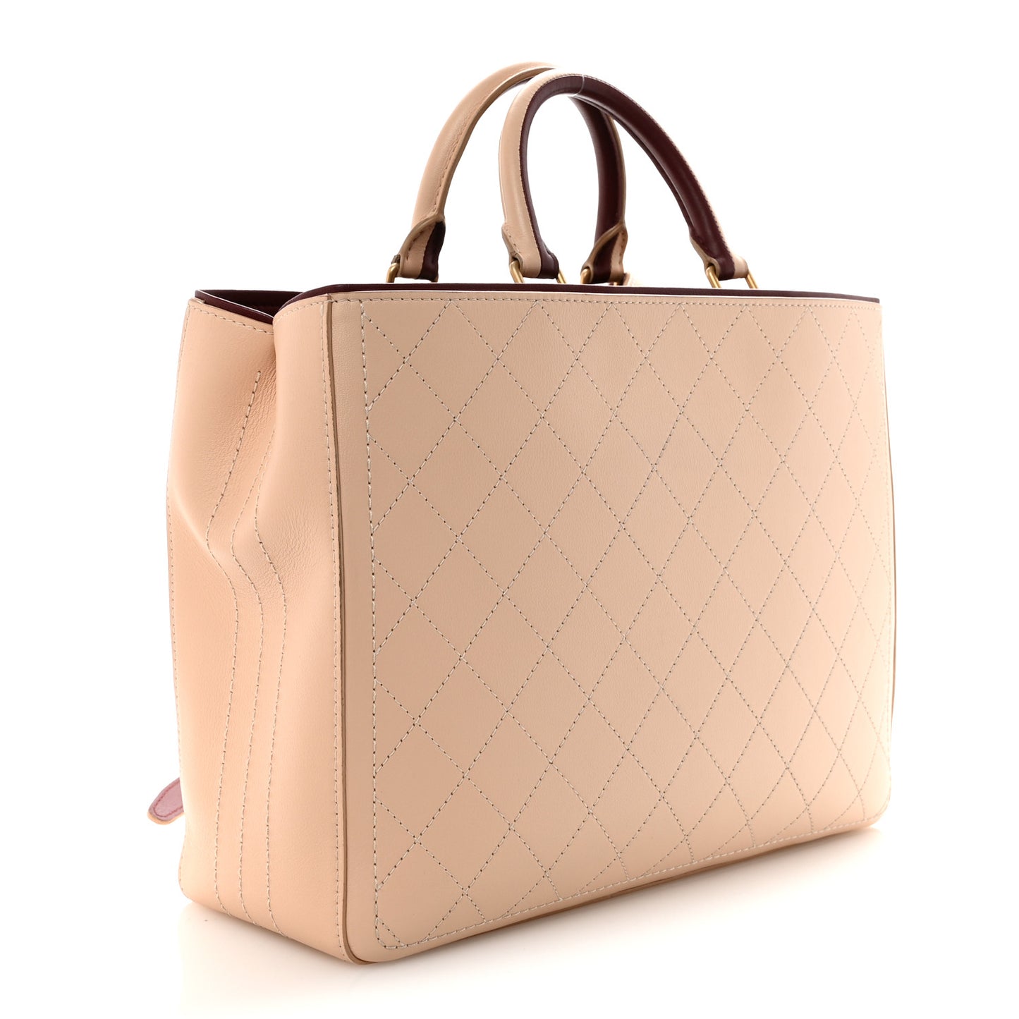 Bullskin Stitched Bi-Color Large Shopping Tote Beige Burgundy