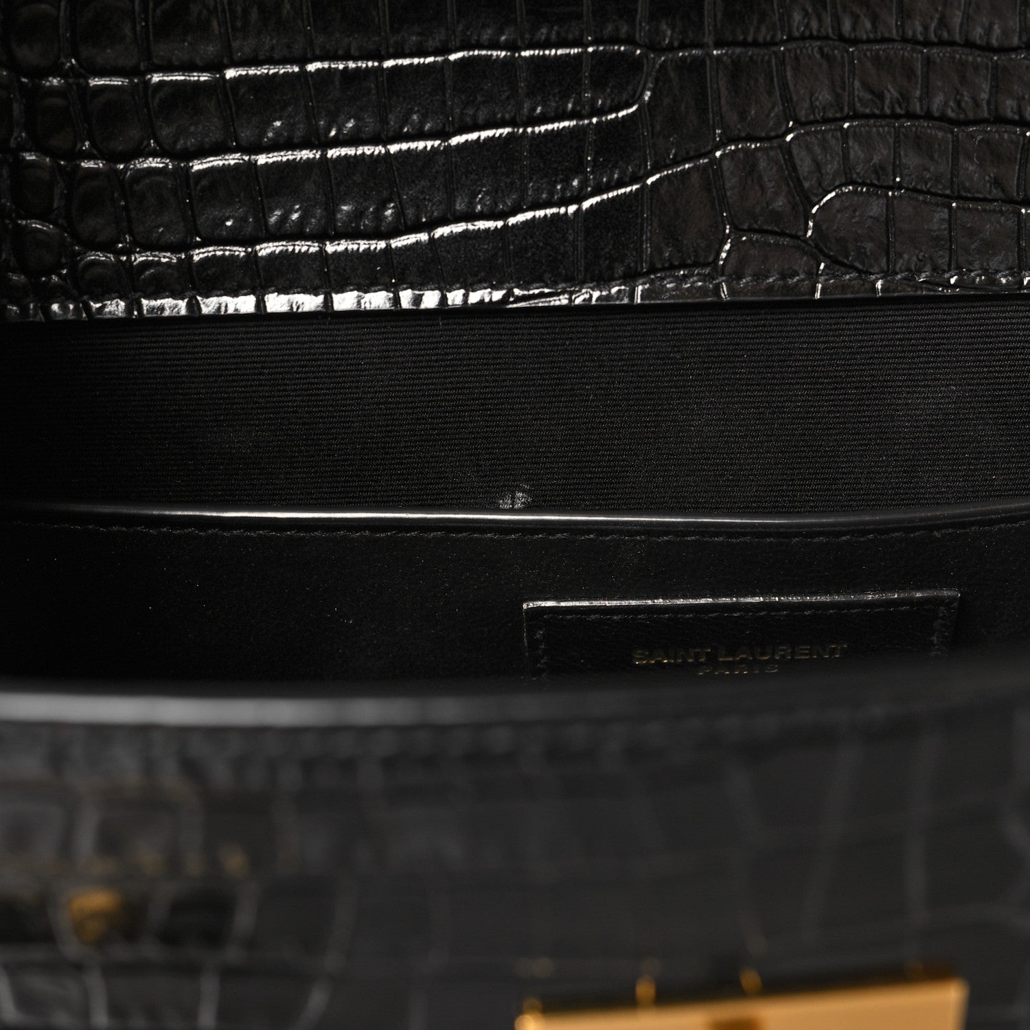 Saint Laurent Shiny Calfskin Crocodile Embossed Manhattan Baguette Black 10 of 12