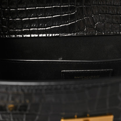 Saint Laurent Shiny Calfskin Crocodile Embossed Manhattan Baguette Black 10 of 12