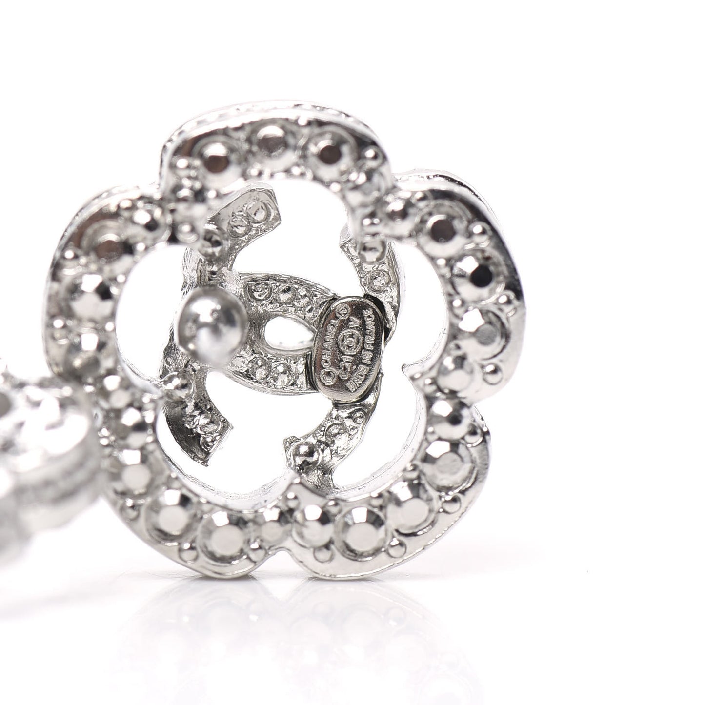 Crystal Coco Flapper Camellia CC Stud Earrings Silver