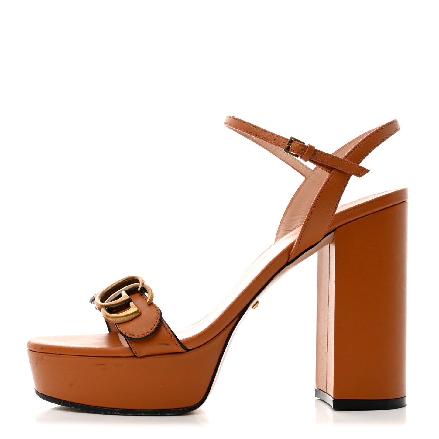 Calfskin GG Marmont Ankle Wrap 30/115mm Platform Sandals 38.5 Cognac