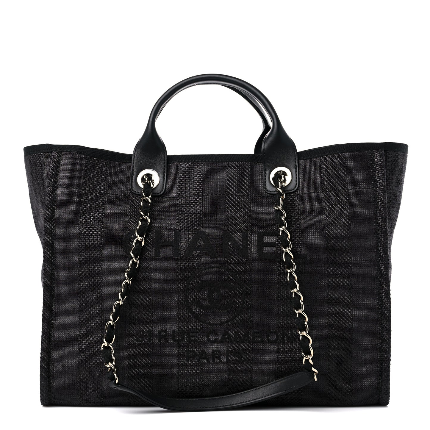Mixed Fibers Calfskin Striped Medium Deauville Tote Black