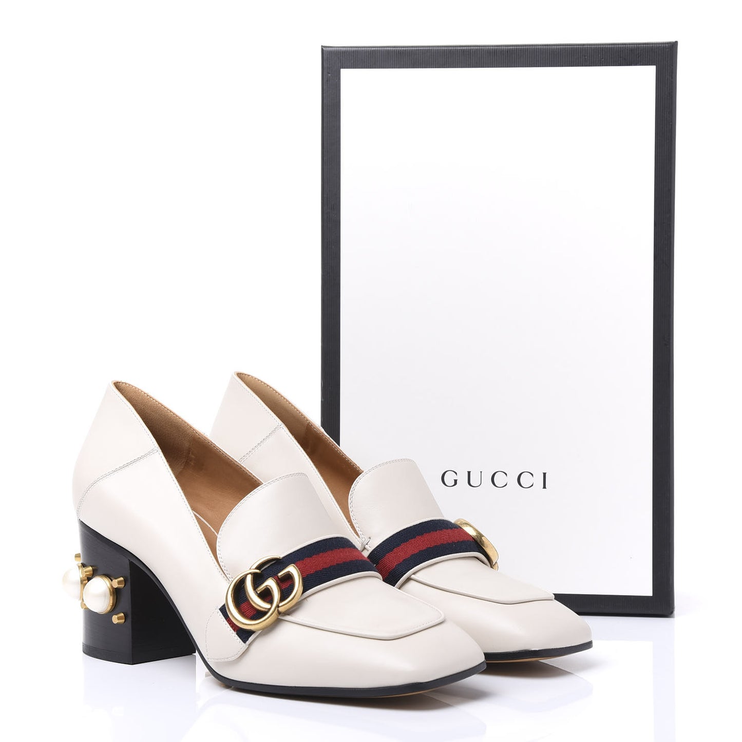 Betis Glamour Calfskin Web Pearl Embellished Peyton 75mm Loafer Pumps 38.5 Mystic White