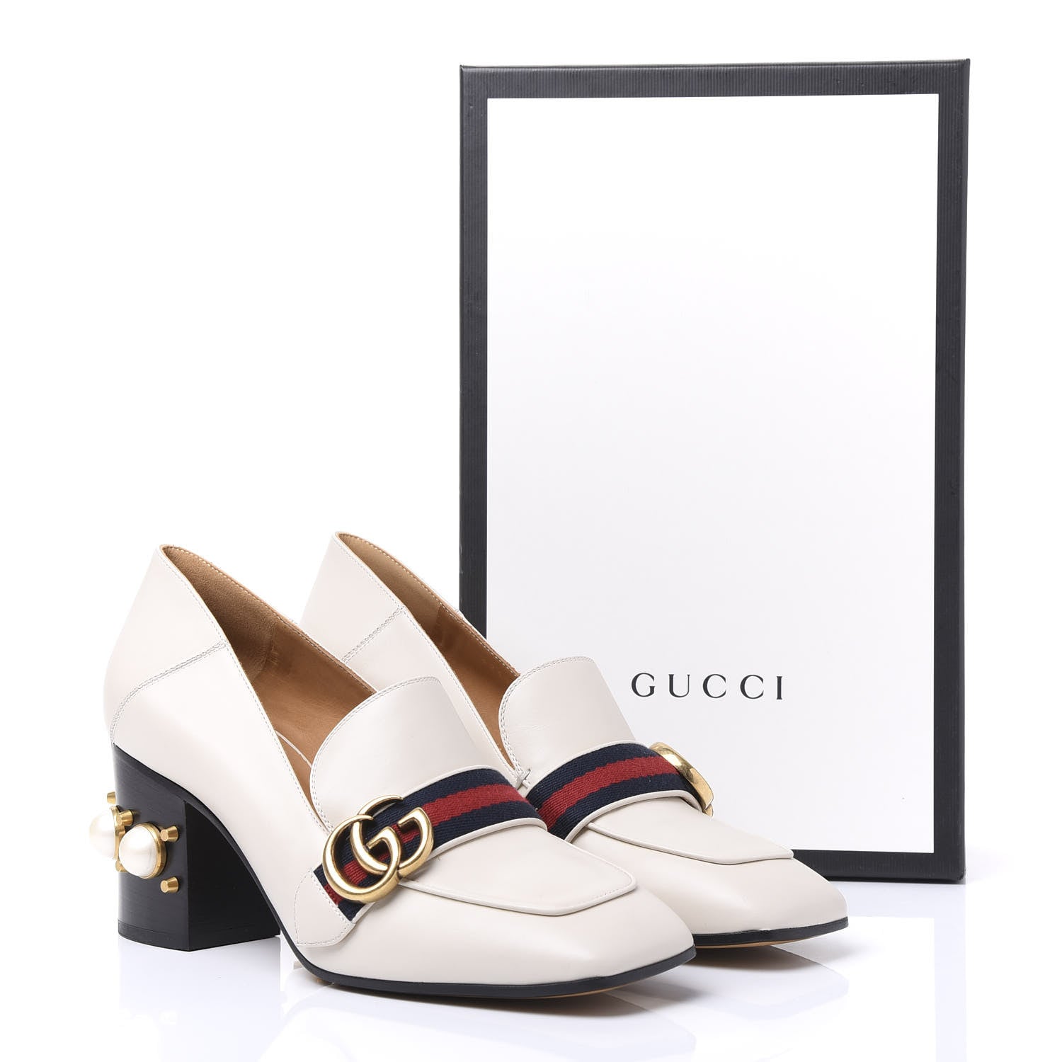 Gucci Betis Glamour Calfskin Web Pearl Embellished Peyton 75mm Loafer Pumps 38.5 Mystic White 9 of 9