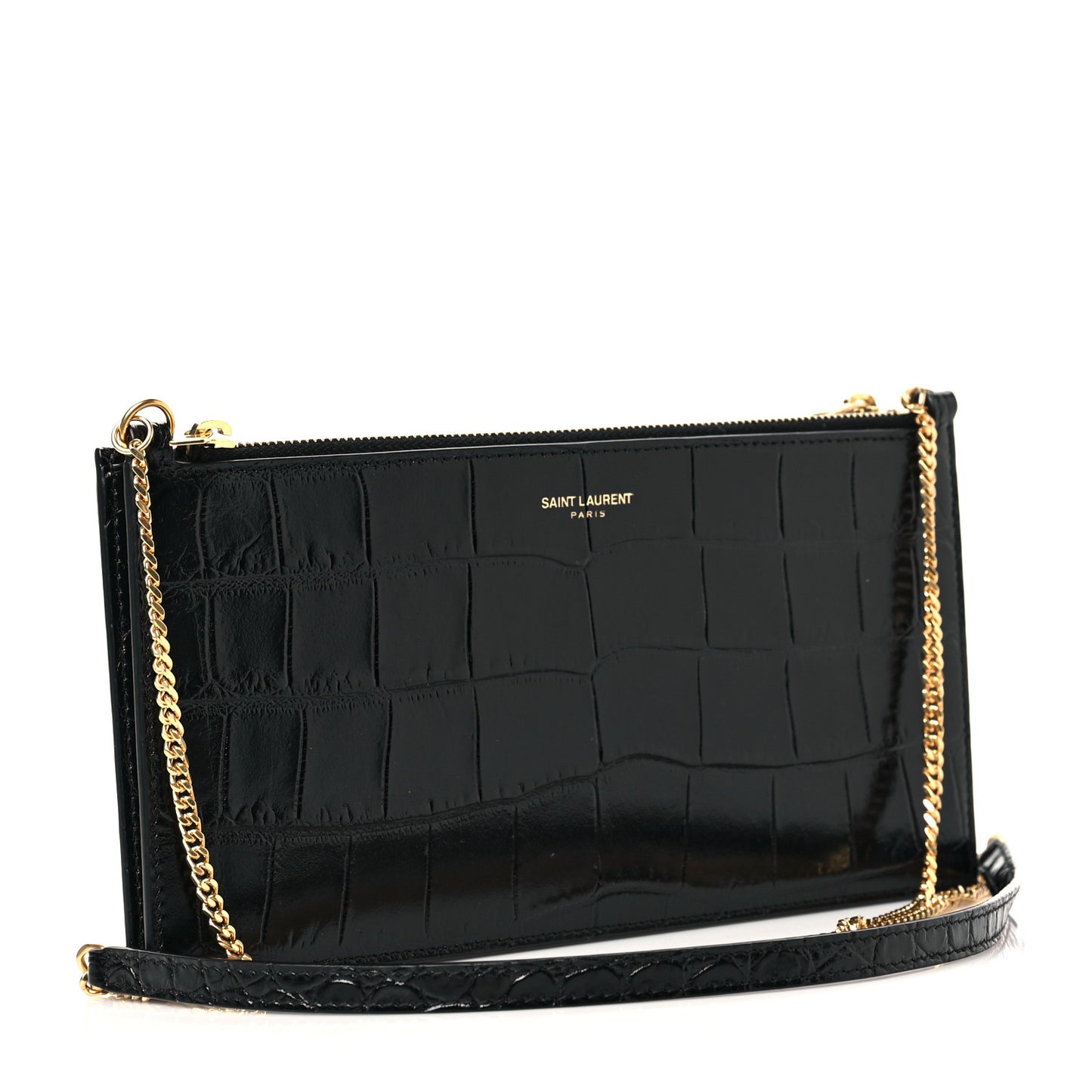 Calfskin Crocodile Embossed Double Pouch On Chain Black