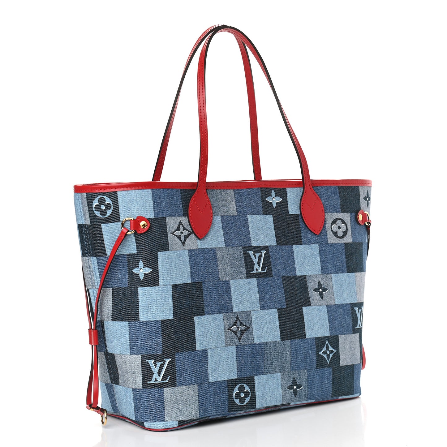 Denim Damier Monogram Patchwork Neverfull Blue Rouge