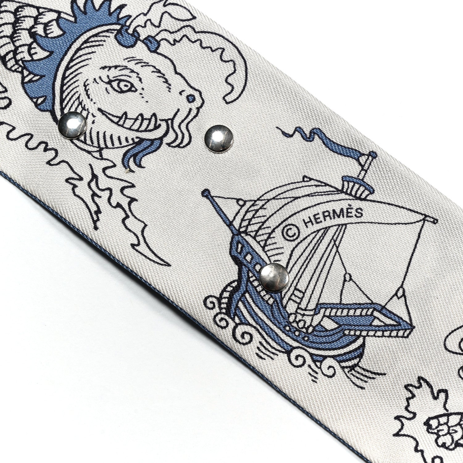 Hermes Silk Tatouages Marins Bandana Studded Twilly Bleu Marine Bleu Jean White 4 of 4