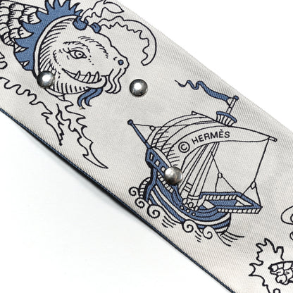 Hermes Silk Tatouages Marins Bandana Studded Twilly Bleu Marine Bleu Jean White 4 of 4