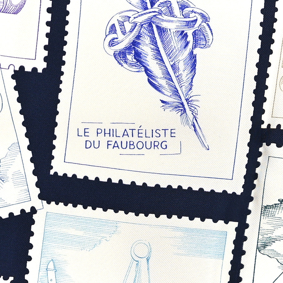 Hermes Silk Le Philateliste Du Faubourg Scarf 90 Marine White Indigo 5 of 5