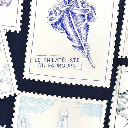 Hermes Silk Le Philateliste Du Faubourg Scarf 90 Marine White Indigo 5 of 5