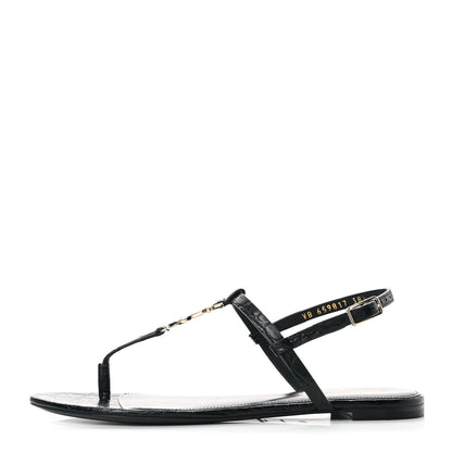 Saint Laurent Calfskin Crocodile Embossed Cassandra Monogram Sandals 38.5 Black 1 of 9