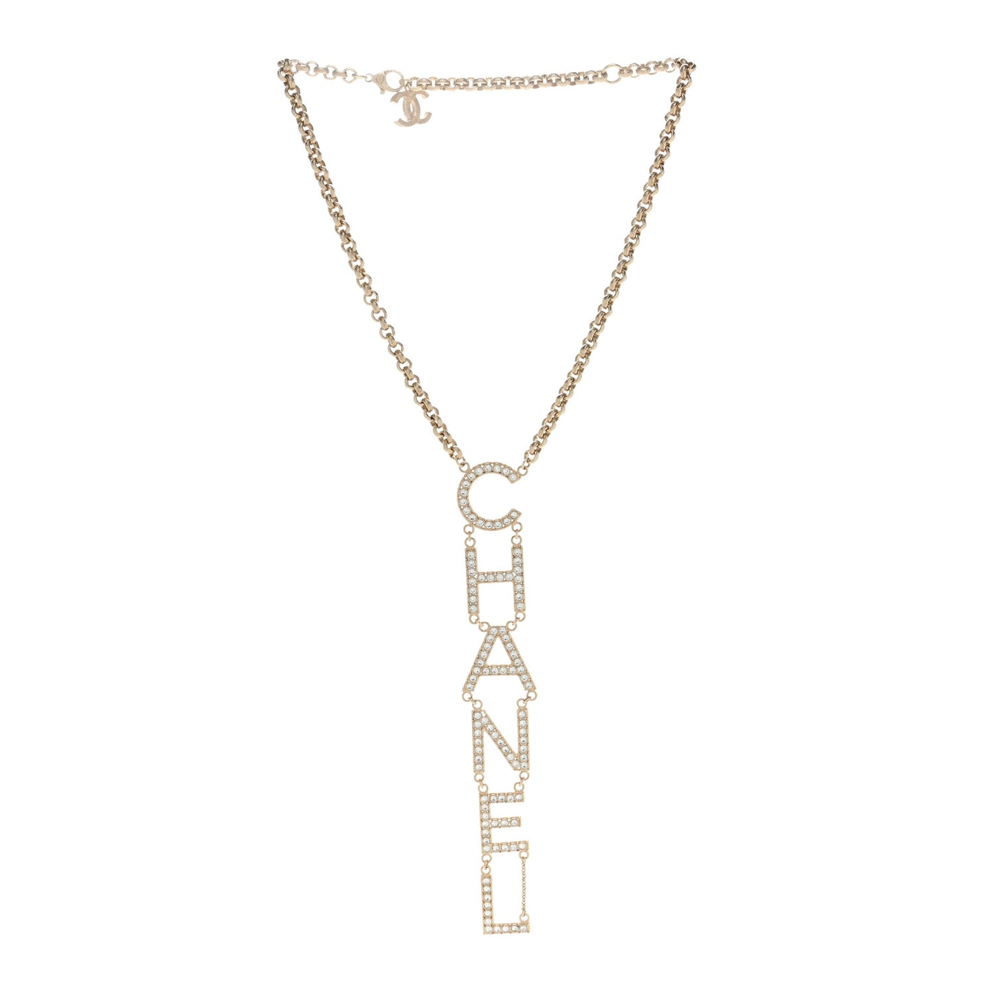 Metal Crystal Cha-Nel Logo Necklace Gold