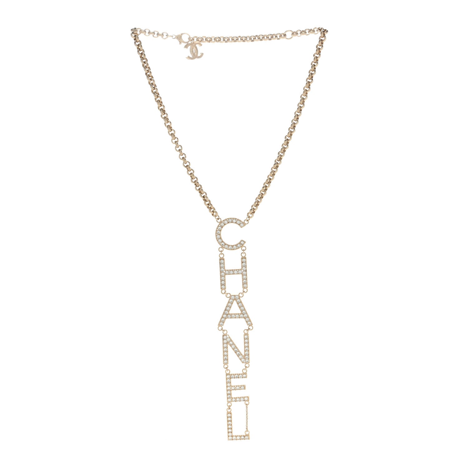 Chanel Metal Crystal Cha-Nel Logo Necklace Gold 2 of 4