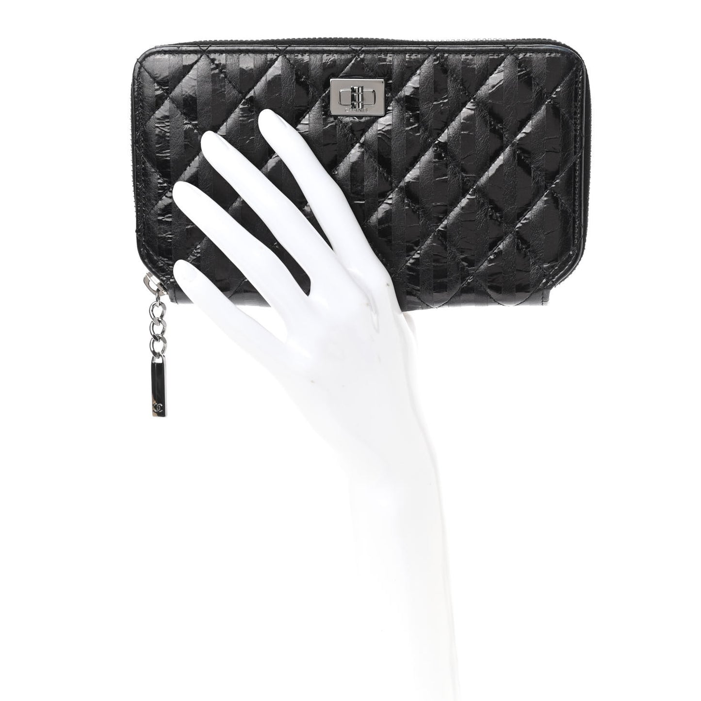 Aged Calfskin Striped Reissue Zip Around Wallet Black