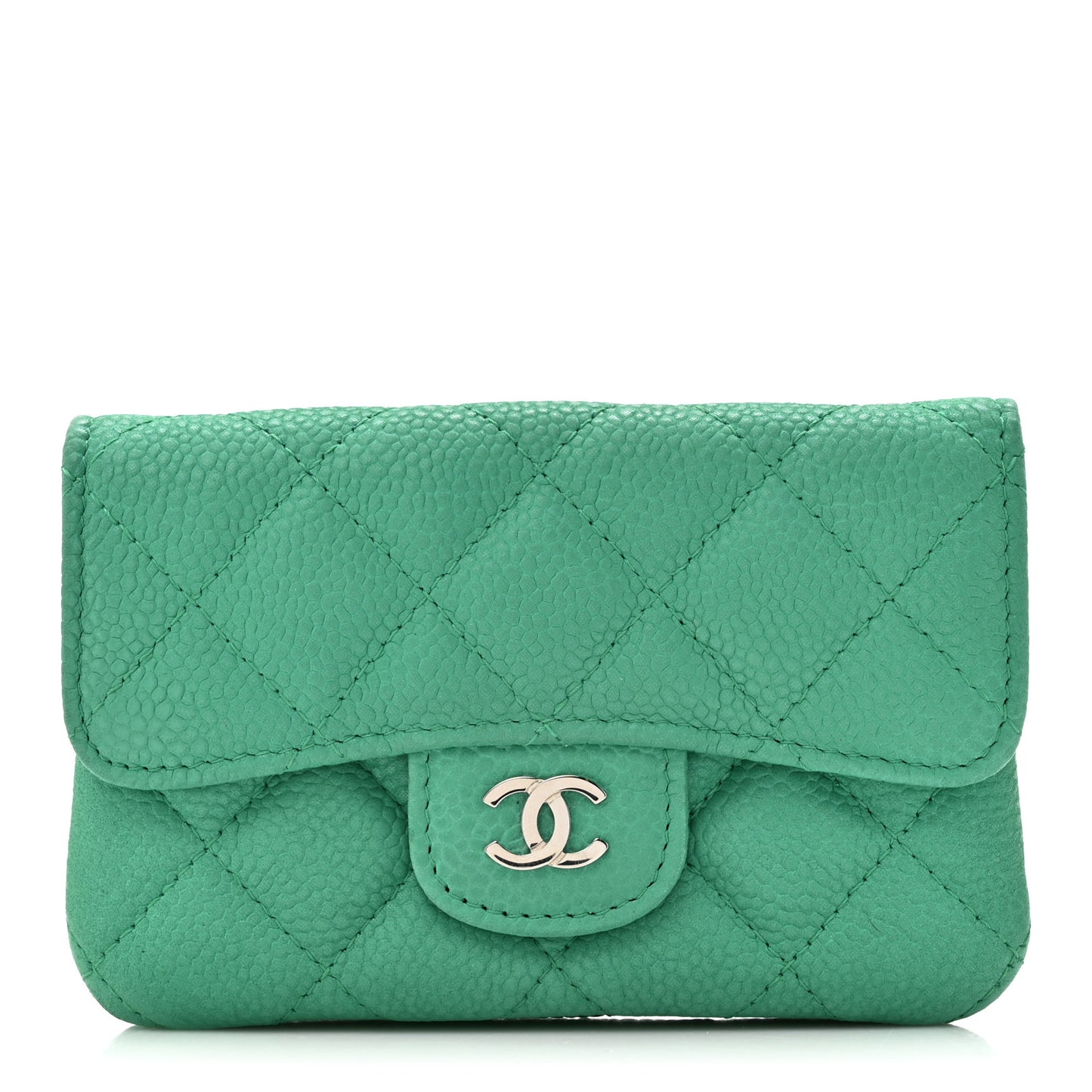Iridescent Caviar Quilted Flap Zip Card Holder Green