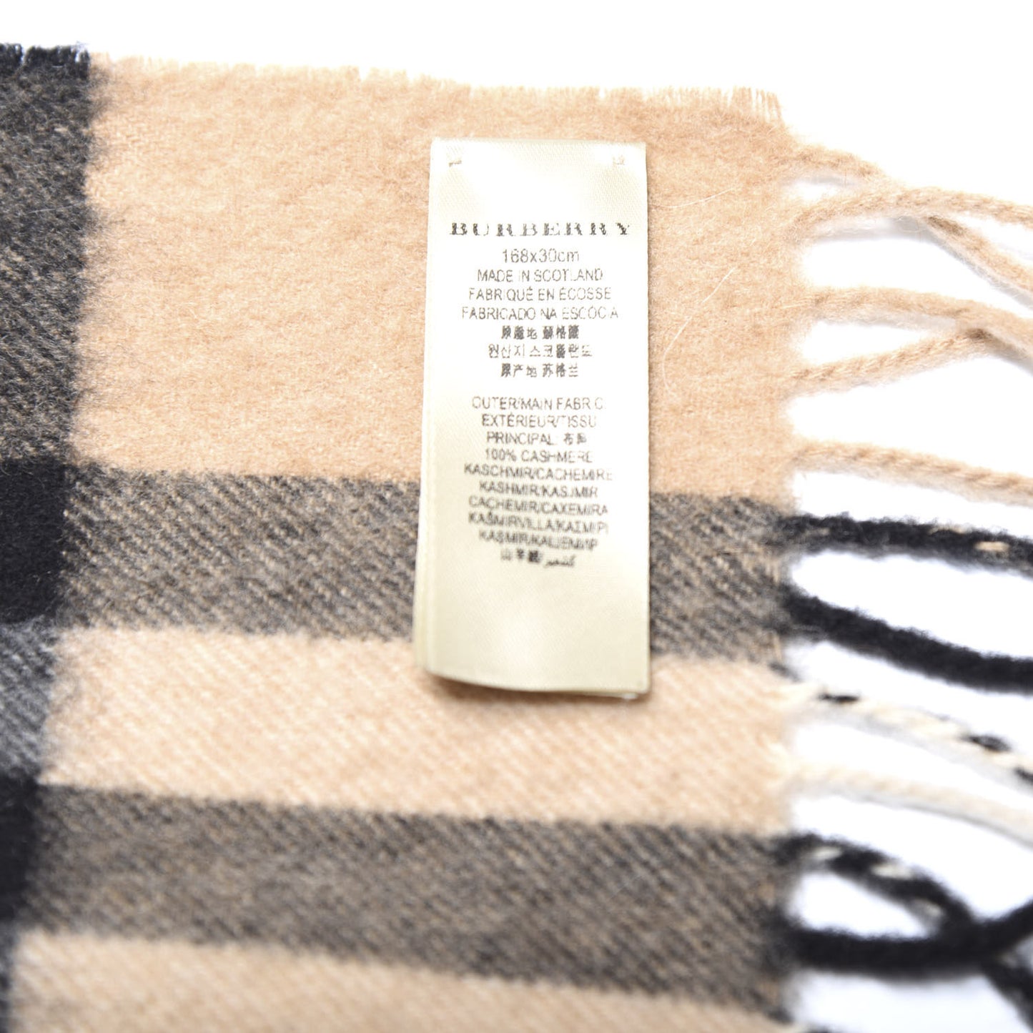 Cashmere Giant Check Fringe Scarf Camel