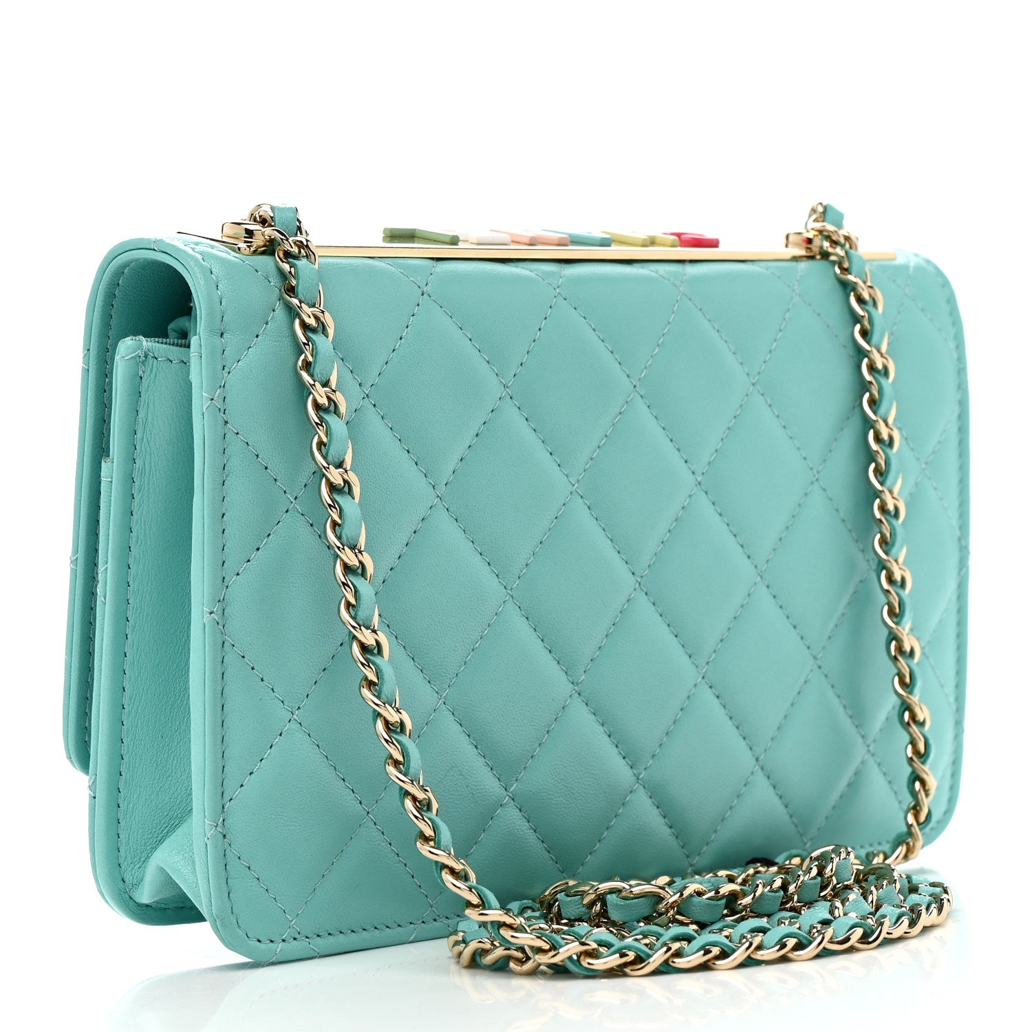 Chanel Lambskin Quilted Trendy CC Wallet On Chain WOC Turquoise 3 of 10