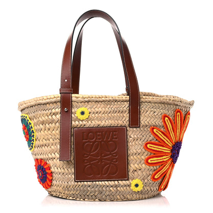Loewe Raffia Floral Embroidered Small Basket Tote Bag Natural Tan 1 of 10