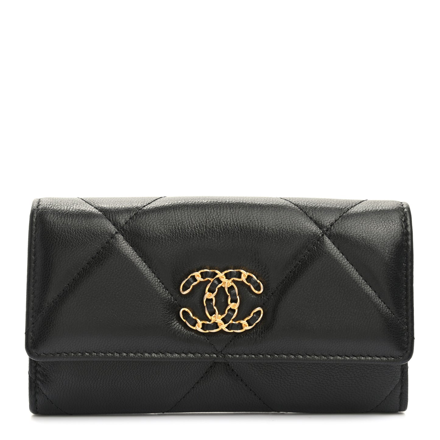 Shiny Goatskin Quilted Chanel 19 Flap Wallet Black