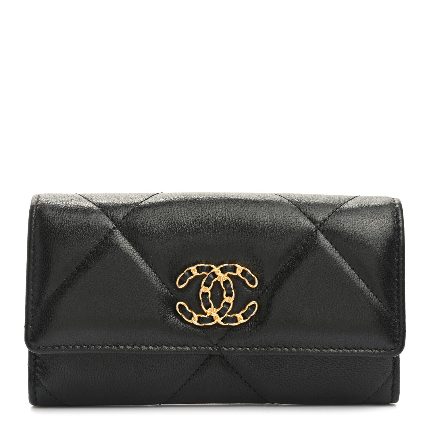 Chanel Shiny Goatskin Quilted Chanel 19 Flap Wallet Black 1 of 9