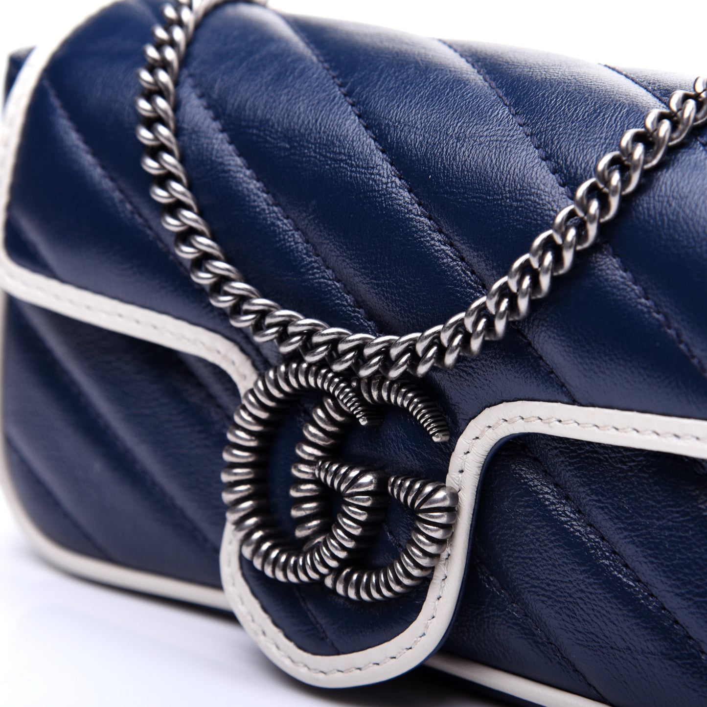 Vintage Effect Calfskin Matelasse Diagonal Super Mini Torchon GG Marmont Shoulder Bag Blue Agata Mystic White