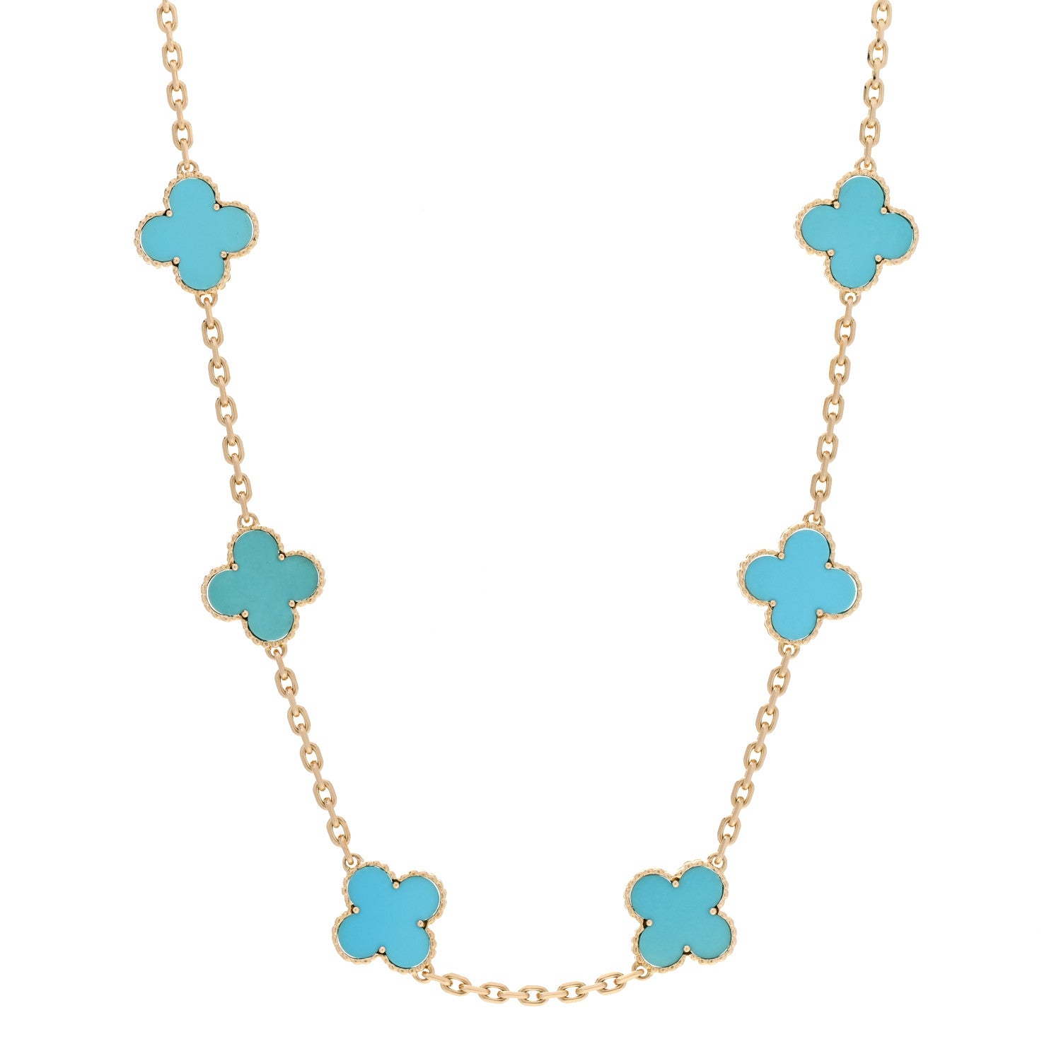 Van Cleef & Arpels 18K Yellow Gold Turquoise 10 Motifs Vintage Alhambra Necklace 1 of 11
