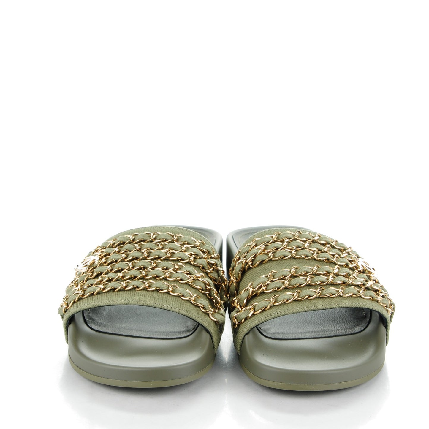 Lambskin Canvas Chain Flat Sandals 37 Khaki