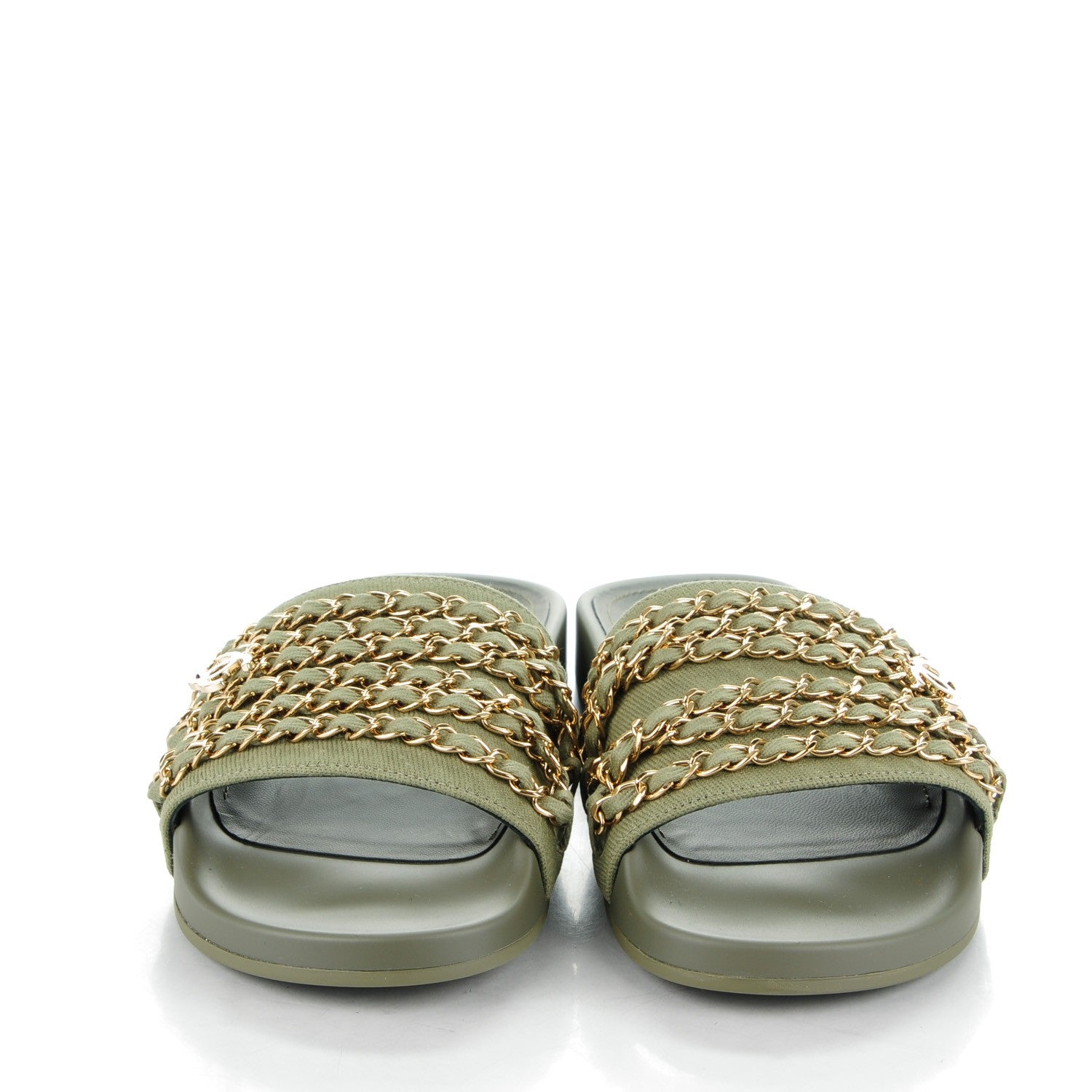 Chanel Lambskin Canvas Chain Flat Sandals 37 Khaki 2 of 7