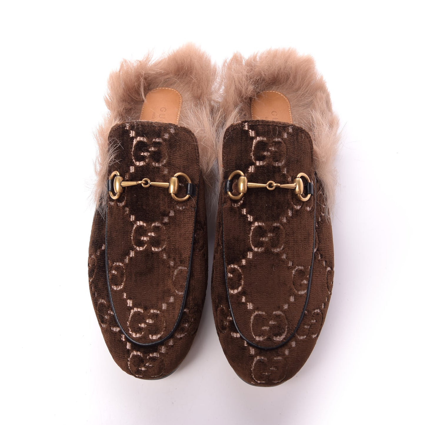 Velvet GG Monogram Fur Womens Princetown Slippers 38.5 Brown Black Natural