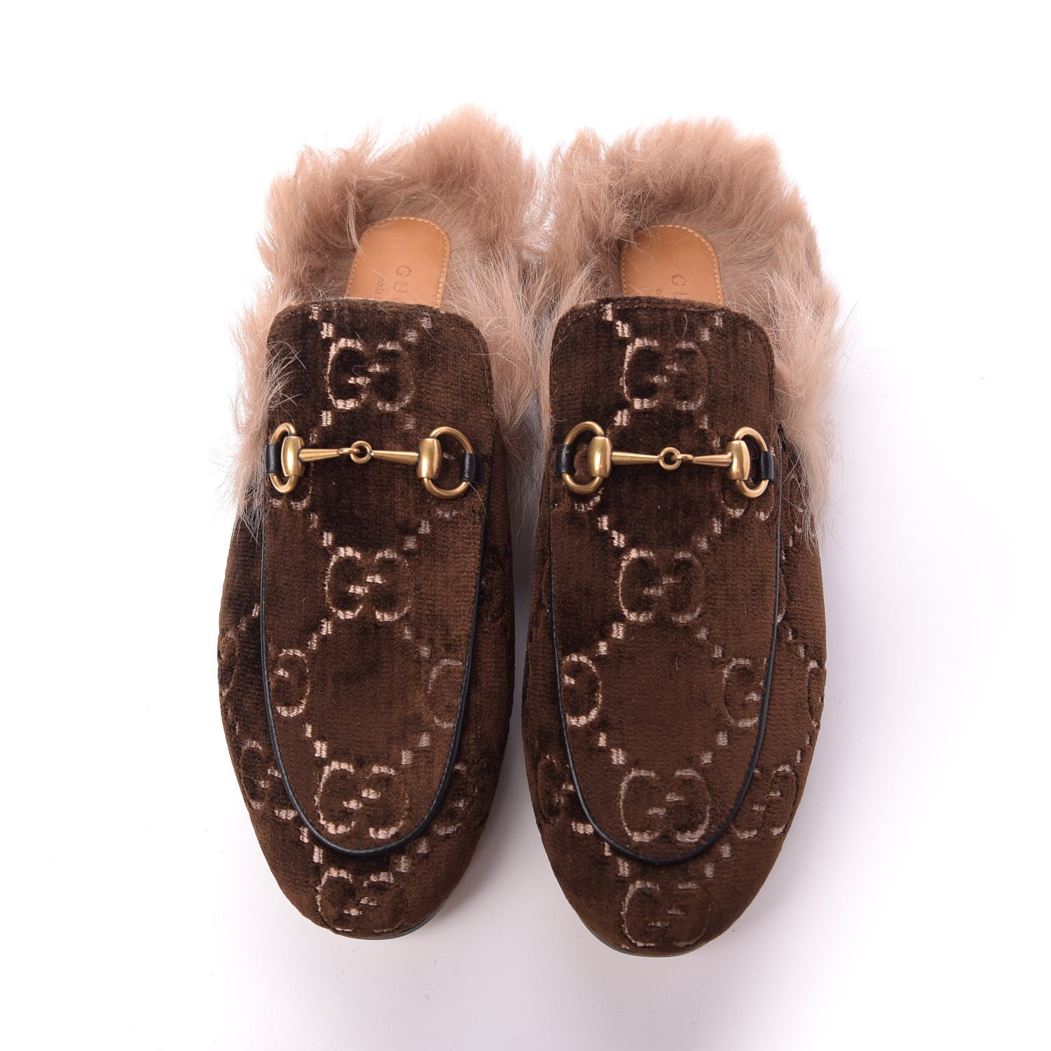 Gucci Velvet GG Monogram Fur Womens Princetown Slippers 38.5 Brown Black Natural 5 of 9