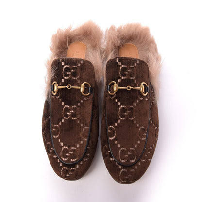 Gucci Velvet GG Monogram Fur Womens Princetown Slippers 38.5 Brown Black Natural 5 of 9