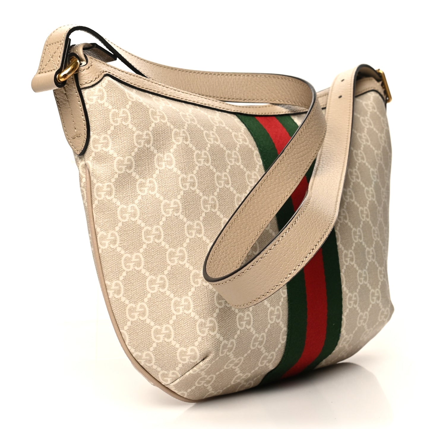GG Supreme Monogram Textured Dollar Calfskin Web Small Ophidia Half Moon Hobo Beige Mystic White Oatmeal
