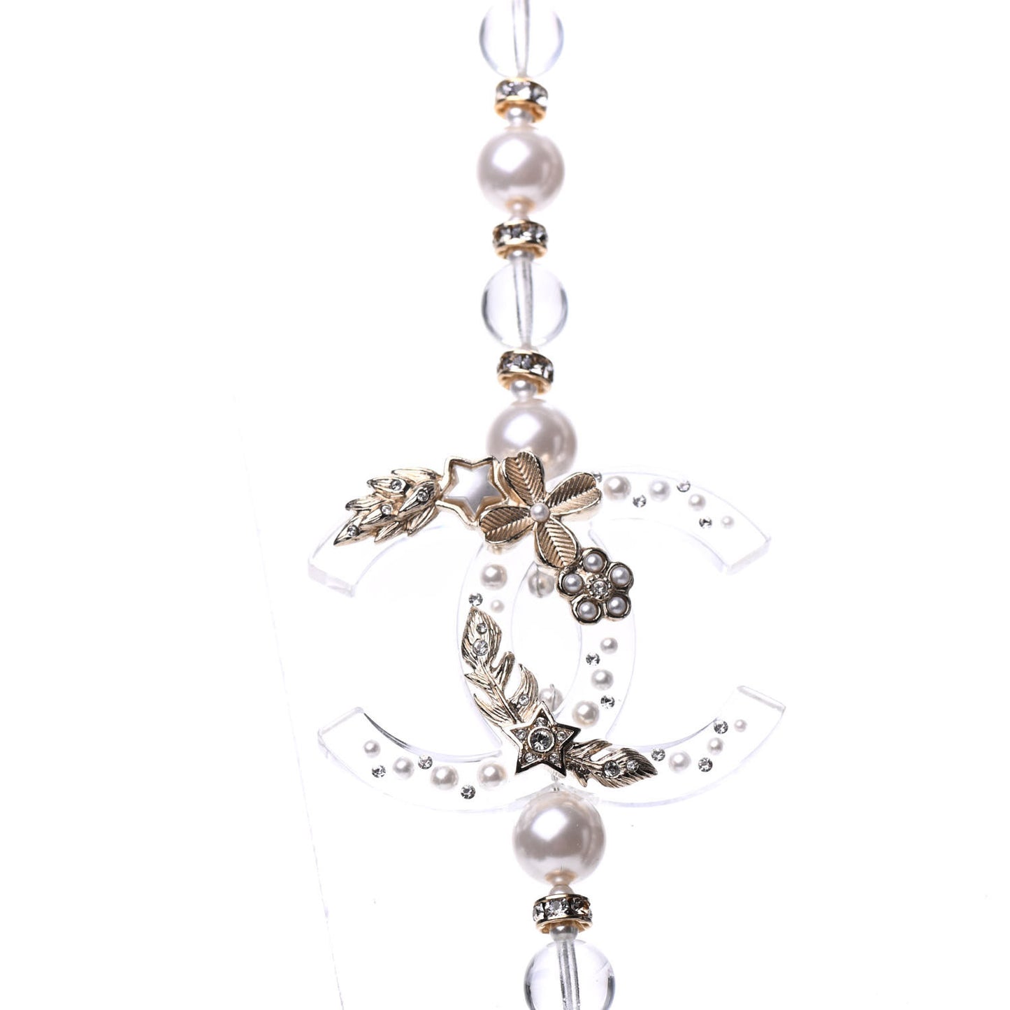 Resin Pearl Crystal CC Long Necklace Transparent Gold