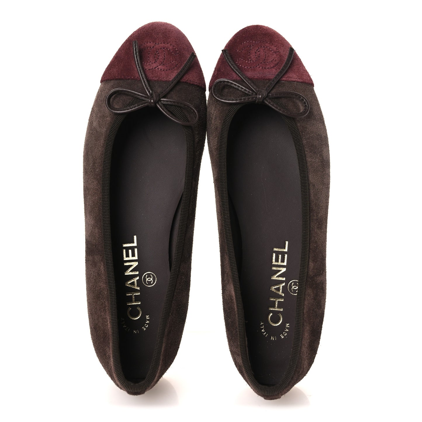 Suede Calfskin Cap Toe CC Ballerina Flats 36 Dark Brown Burgundy