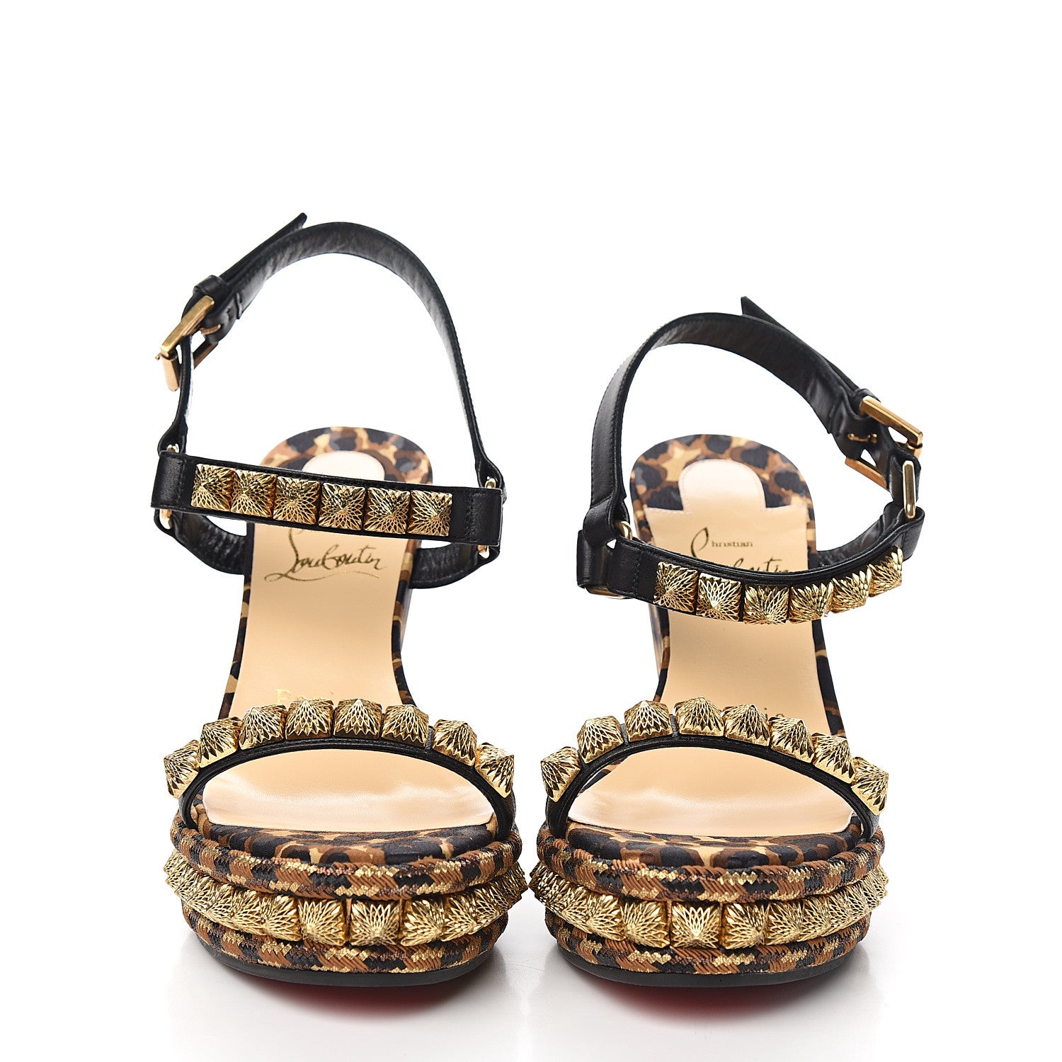 Christian Louboutin Nappa Silk Leopard Pira Ryad 110 Wedge Sandals 35 Black Marron 2 of 8