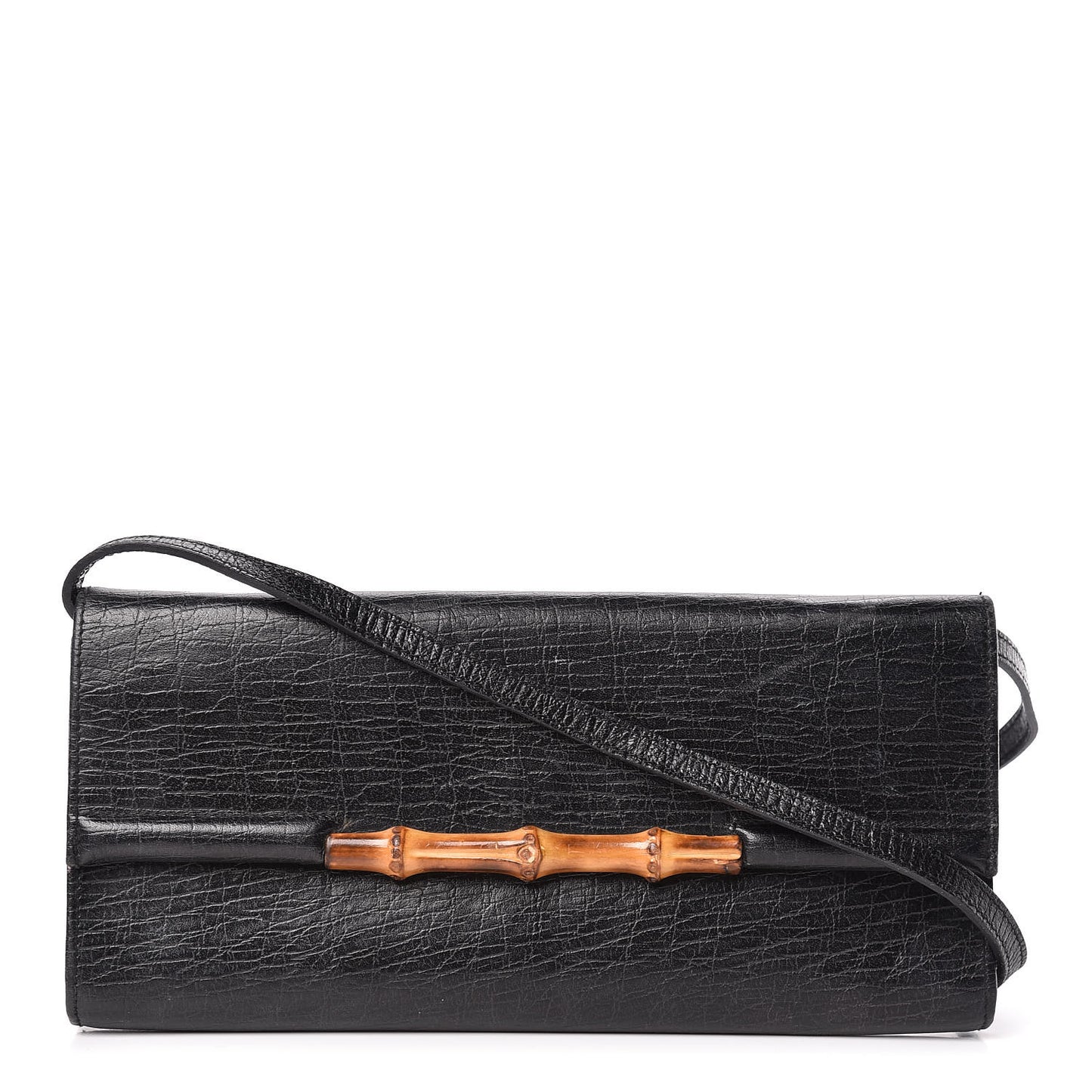 Textured Calfskin Bamboo Bar Clutch Black