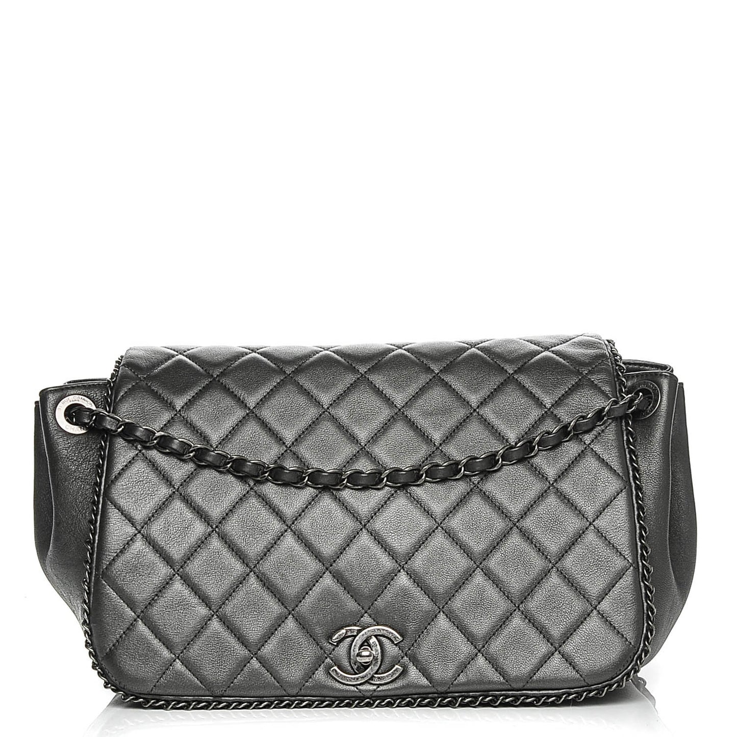 Metallic Calfskin Quilted Large CC Enchained Accordion Flap Grey
