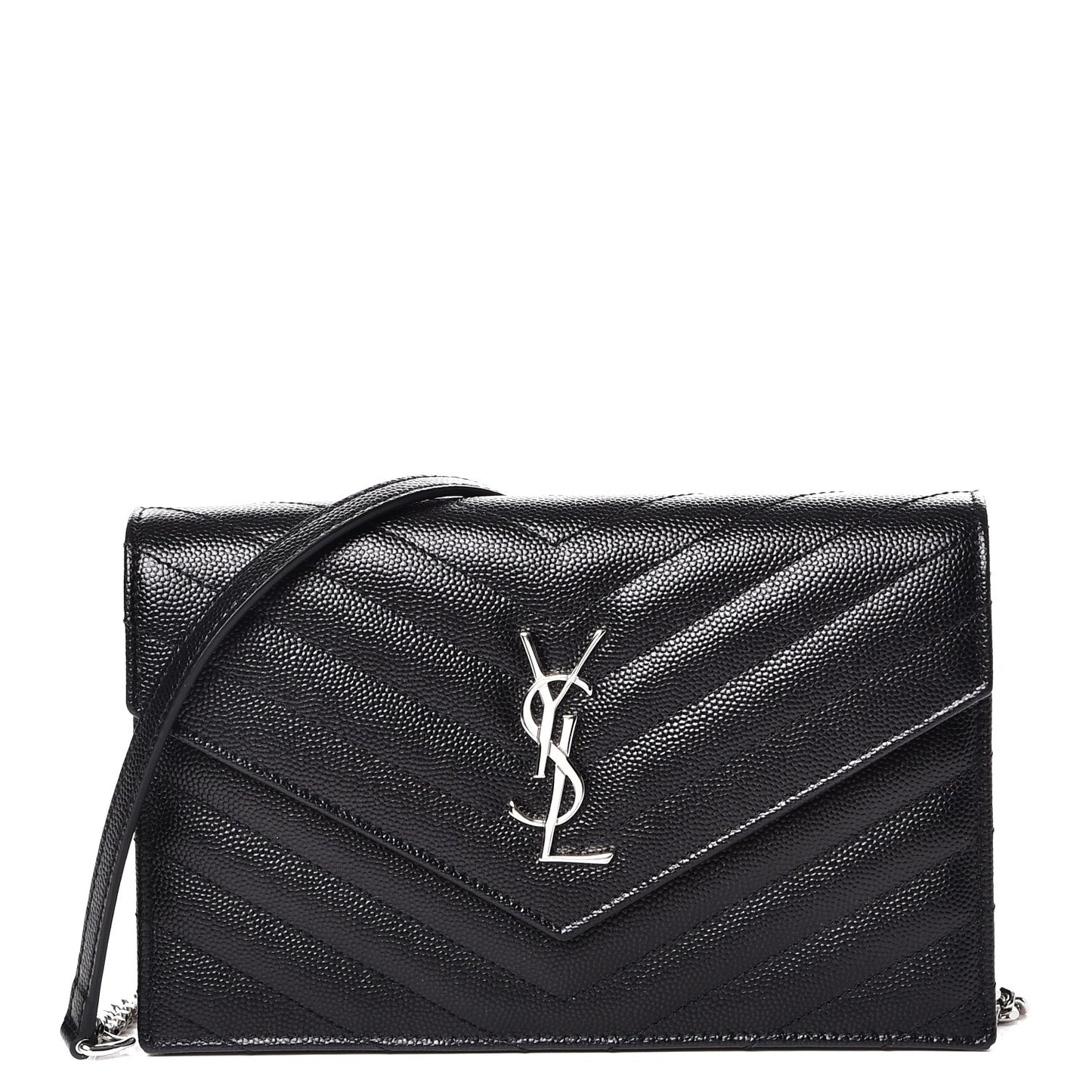 Grain De Poudre Matelasse Chevron Monogram Envelope Chain Wallet Black