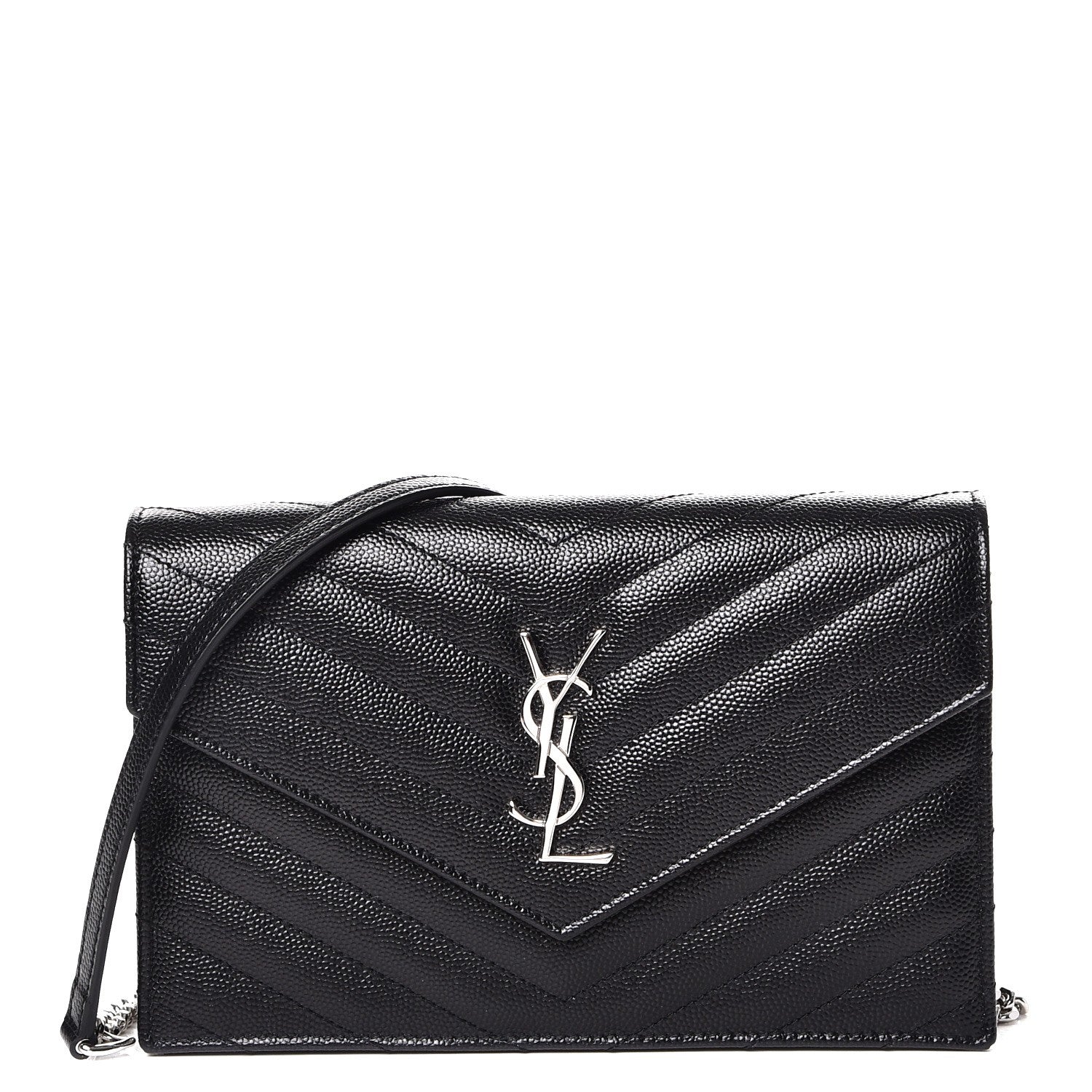 Saint Laurent Grain De Poudre Matelasse Chevron Monogram Envelope Chain Wallet Black 1 of 9