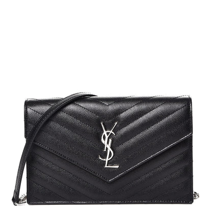 Saint Laurent Grain De Poudre Matelasse Chevron Monogram Envelope Chain Wallet Black 1 of 9