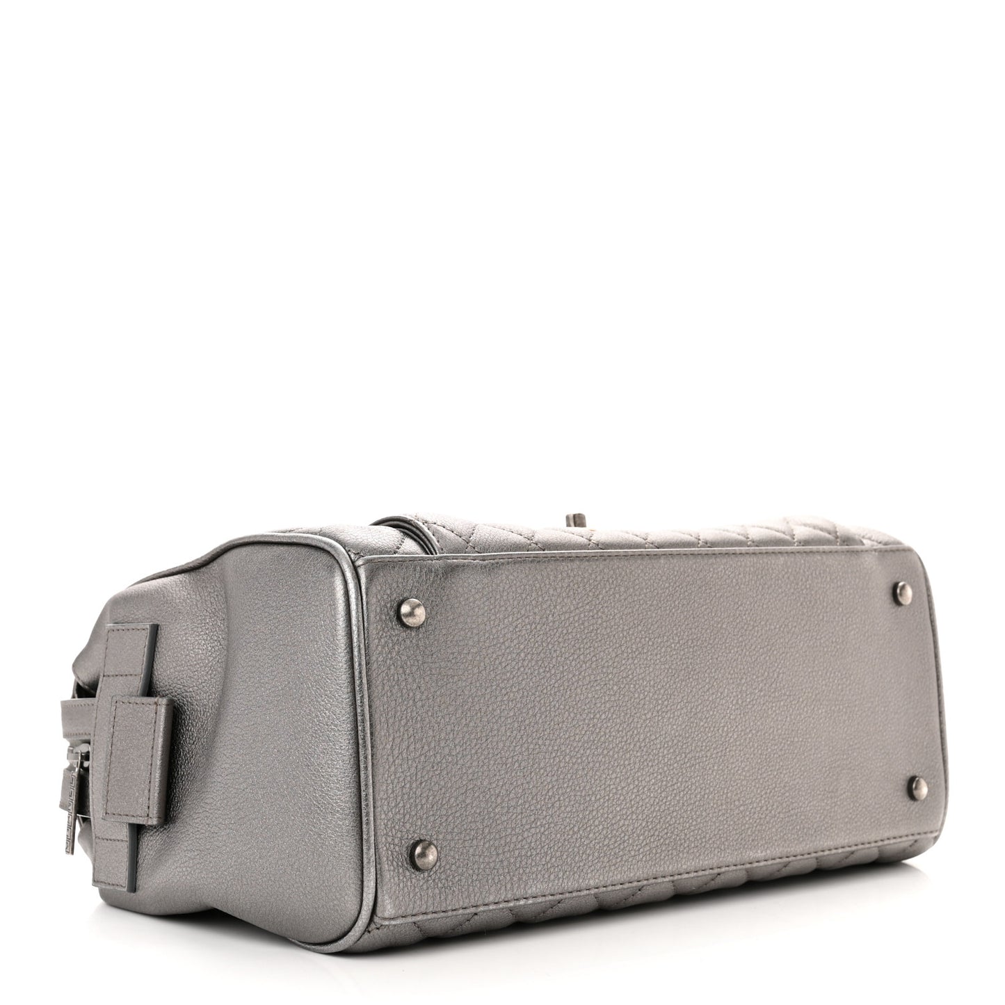 Metallic Grained Calfskin Quilted Large Casual Pocket Bowling Bag Silver